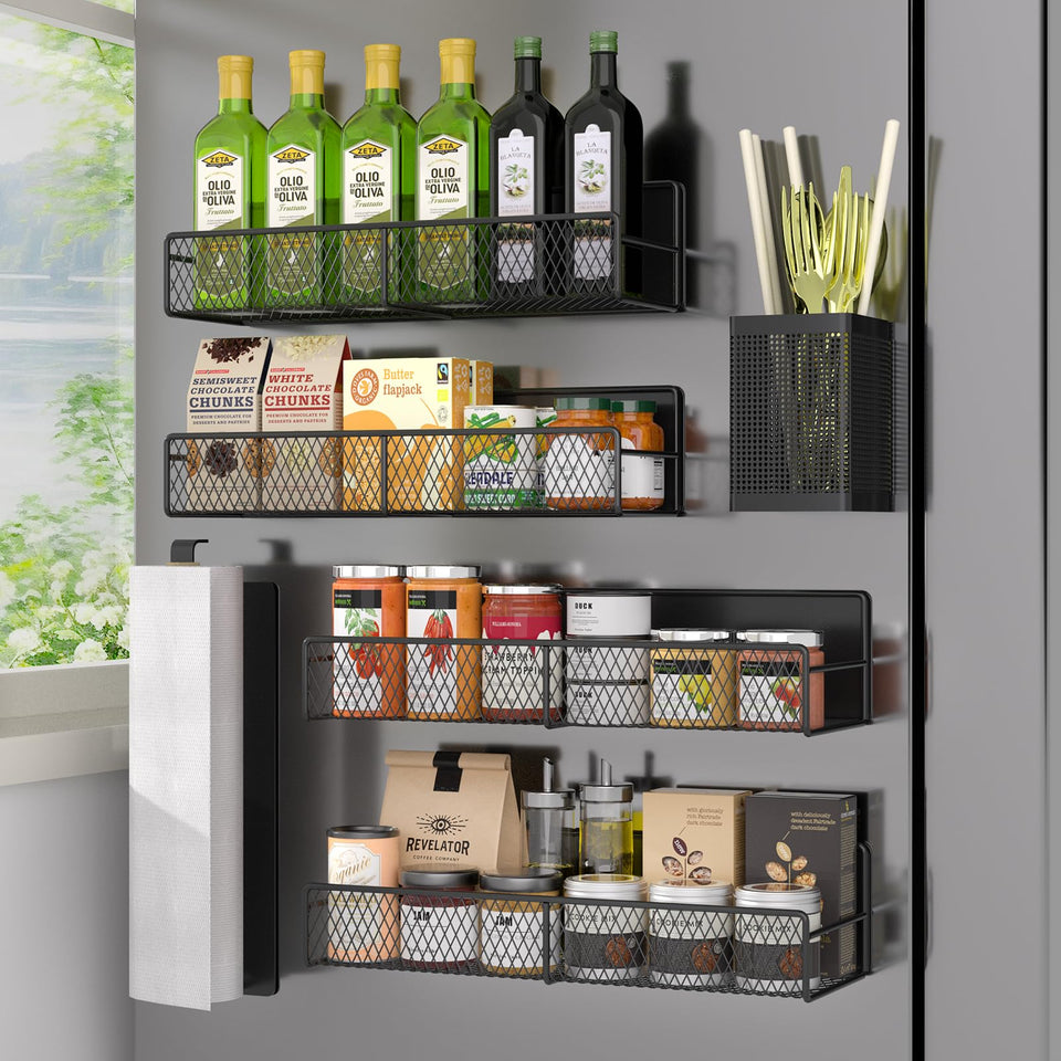 DTUQYX magnetic spice rack on fridge showing sturdy metal frame and strong magnets.