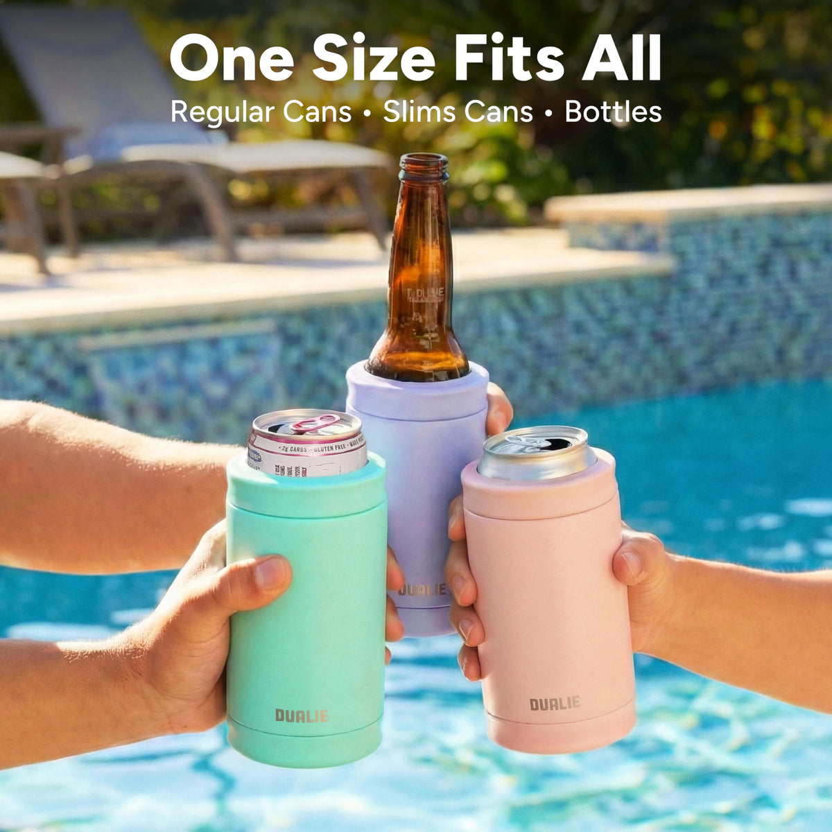 DUALIE 3-in-1 sea foam bottle cooler accommodates 12 oz bottles for versatile sipping