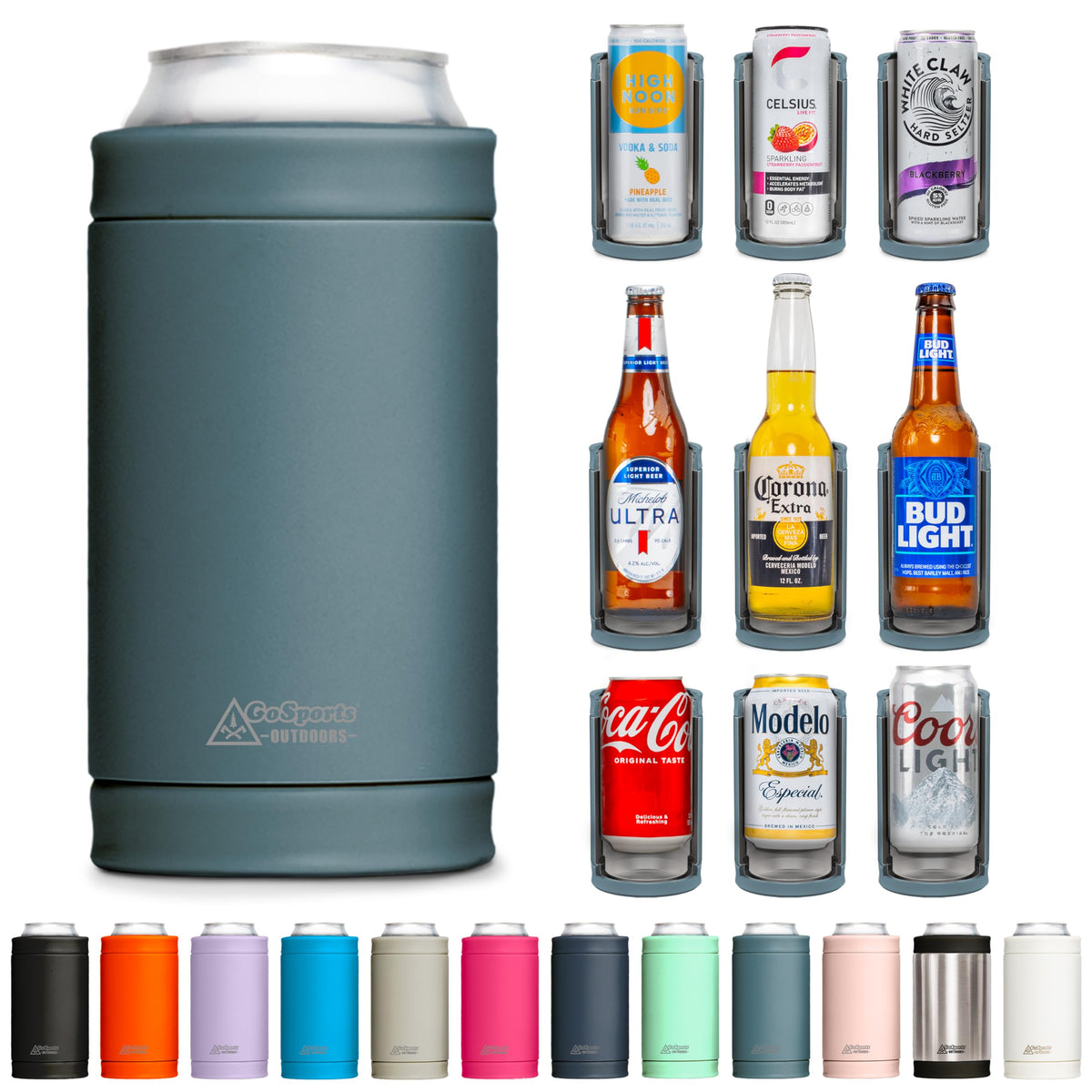DUALIE 3-in-1 insulated cooler side view with universal fit for cans and bottles.