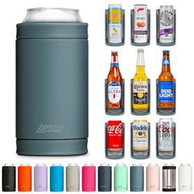 DUALIE 3-in-1 insulated cooler side view with universal fit for cans and bottles.