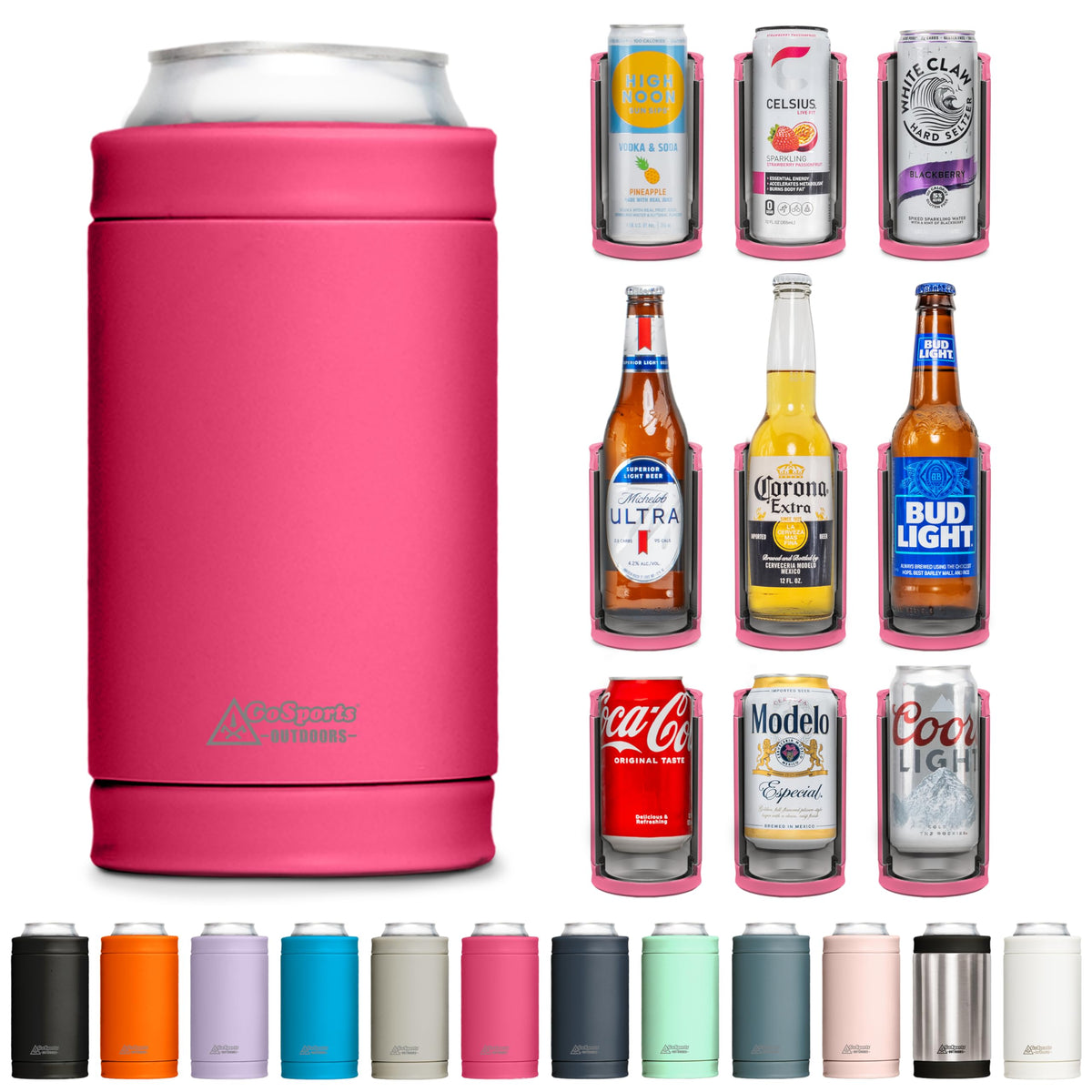 Dualie 3-in-1 insulated can cooler top view in magenta keeps drinks cold and hands dry
