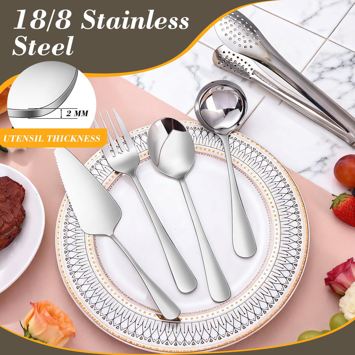 Dualshine 18/8 stainless steel slotted spoons for draining liquids easily during meals.