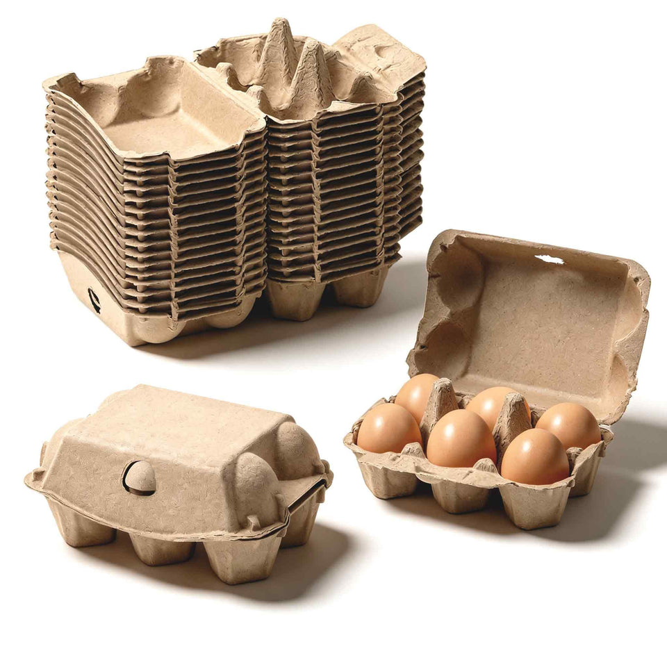 Dubtnion egg cartons hold six eggs per tray for bulk storage