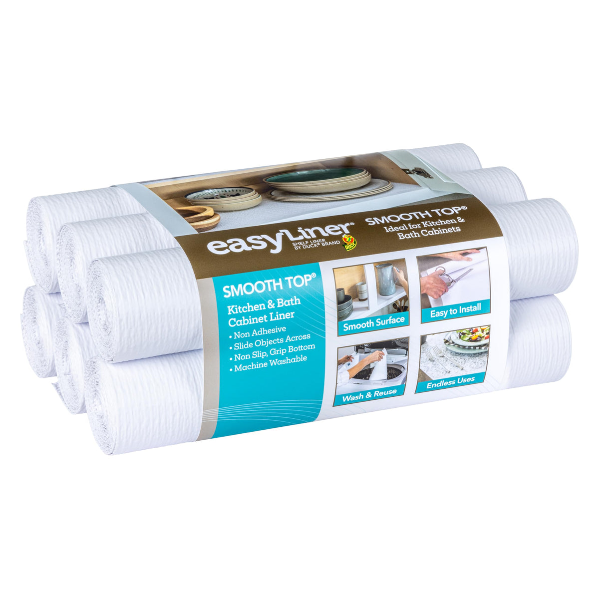 Duck Smooth Top EasyLiner on cabinet shelves provides a slip-resistant, easy-to-clean surface.