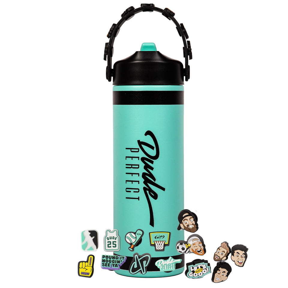 Dude Perfect teal water bottle with NOGGZ charms for personalized hydration.