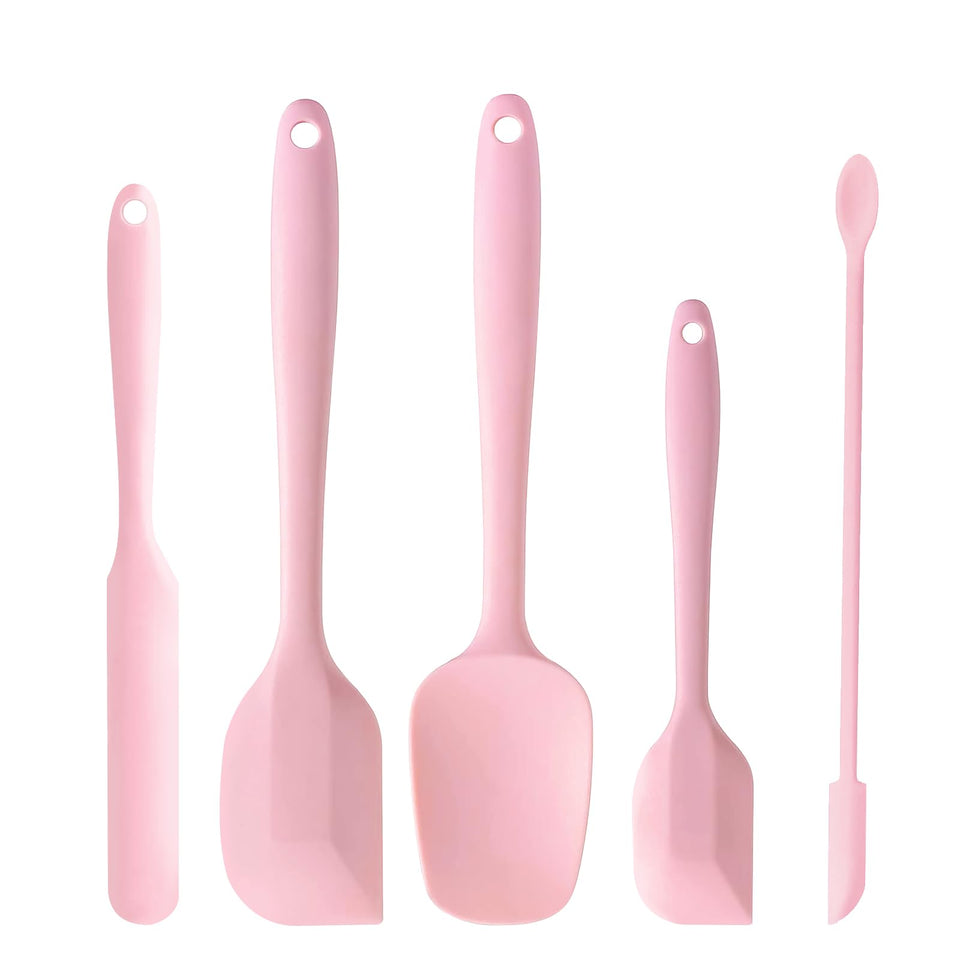 DUFEIMOY 5-piece pink silicone spatula set for versatile cooking and baking tasks.