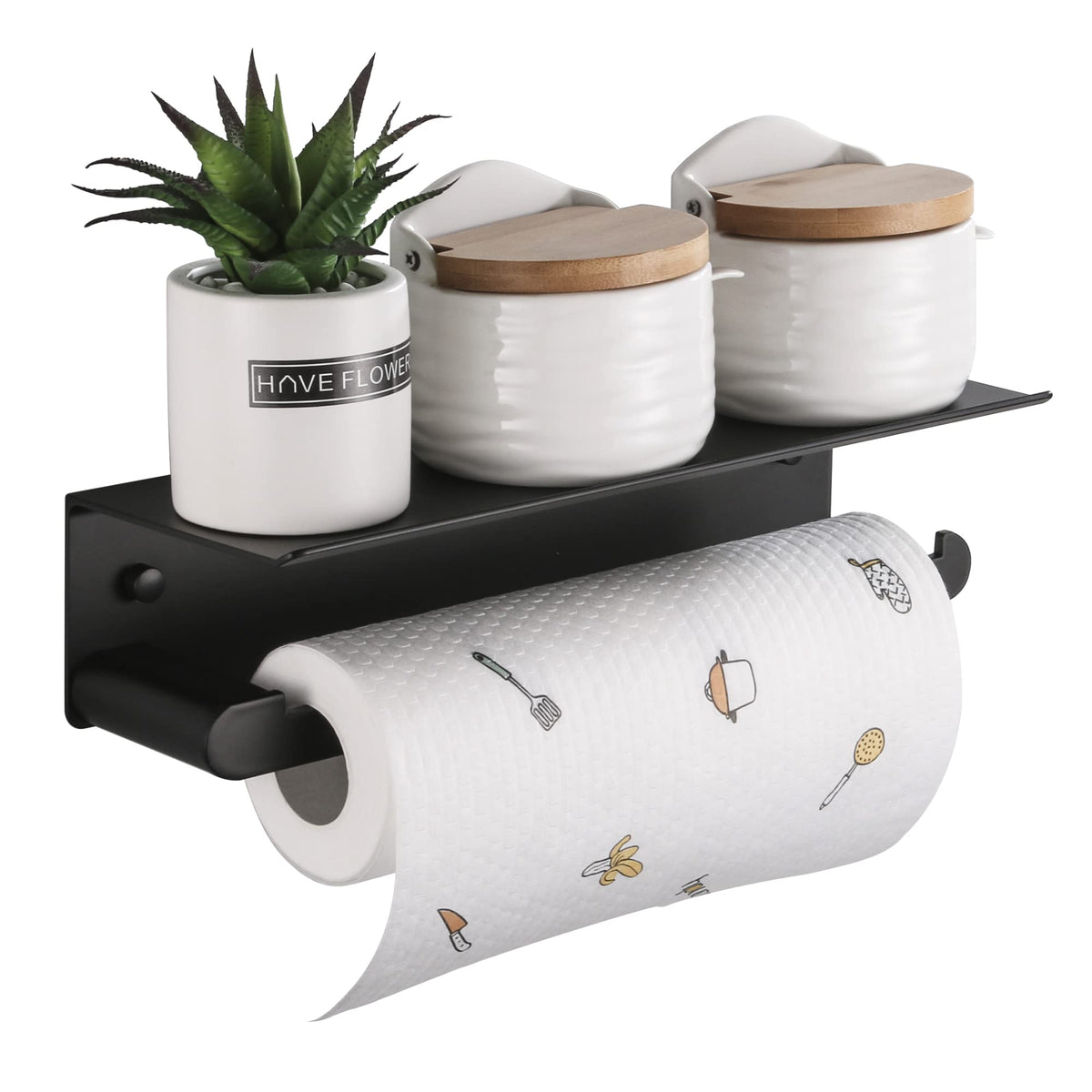 DUFU paper towel holder wall mount with shelf in black for kitchen organization