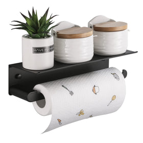 DUFU paper towel holder wall mount with shelf in black for kitchen organization