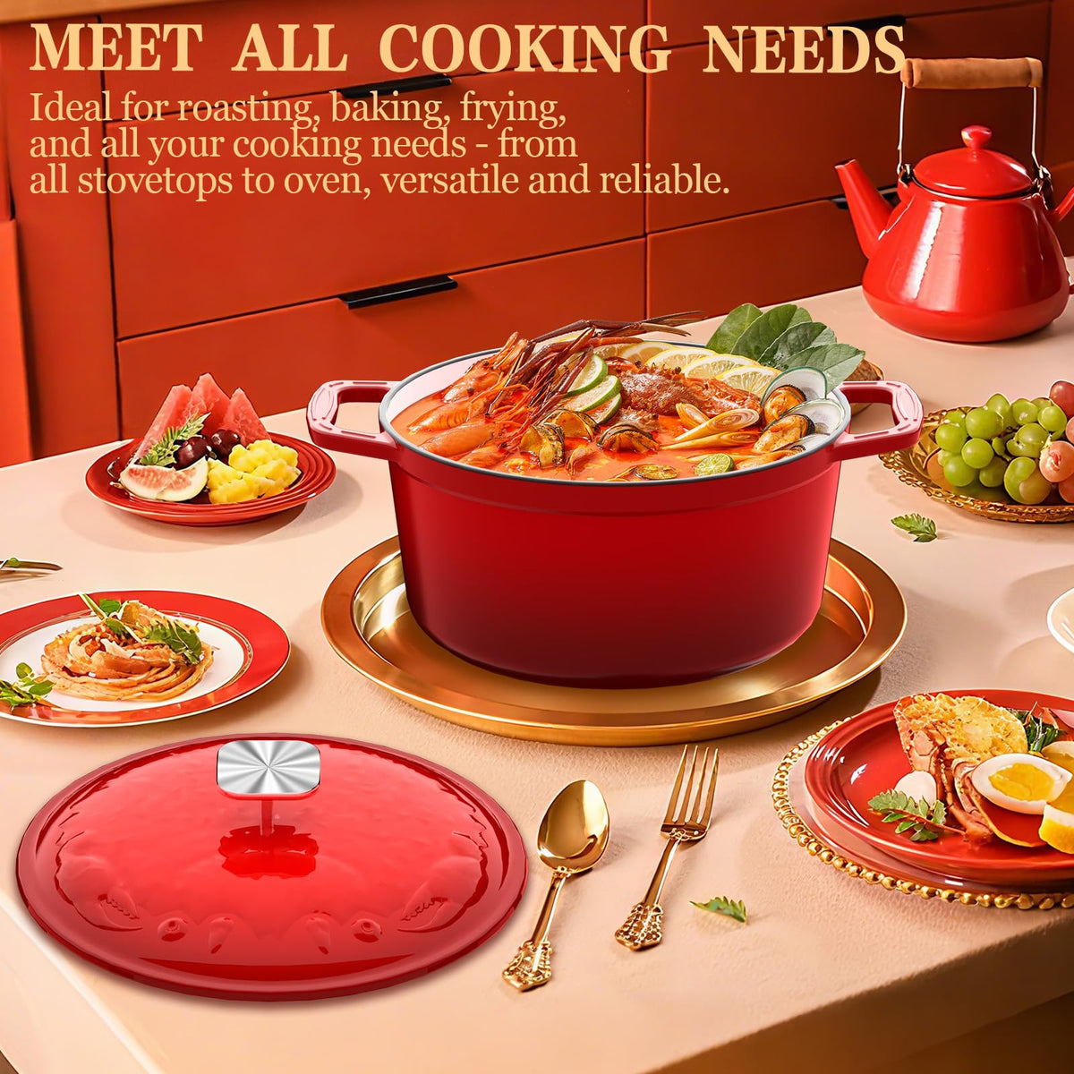 DUTZUN versatile Dutch oven transitions from stove to table with style.