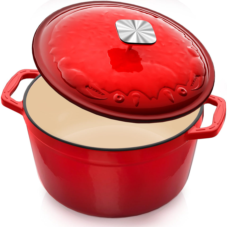 DUTZUN enameled Dutch oven with crab lid enhances family meals and presentation.