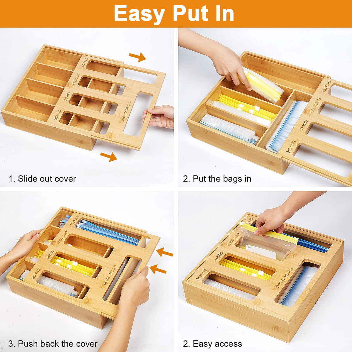 DUJEN five-slot bag organizer with slider for diverse bag sizes.