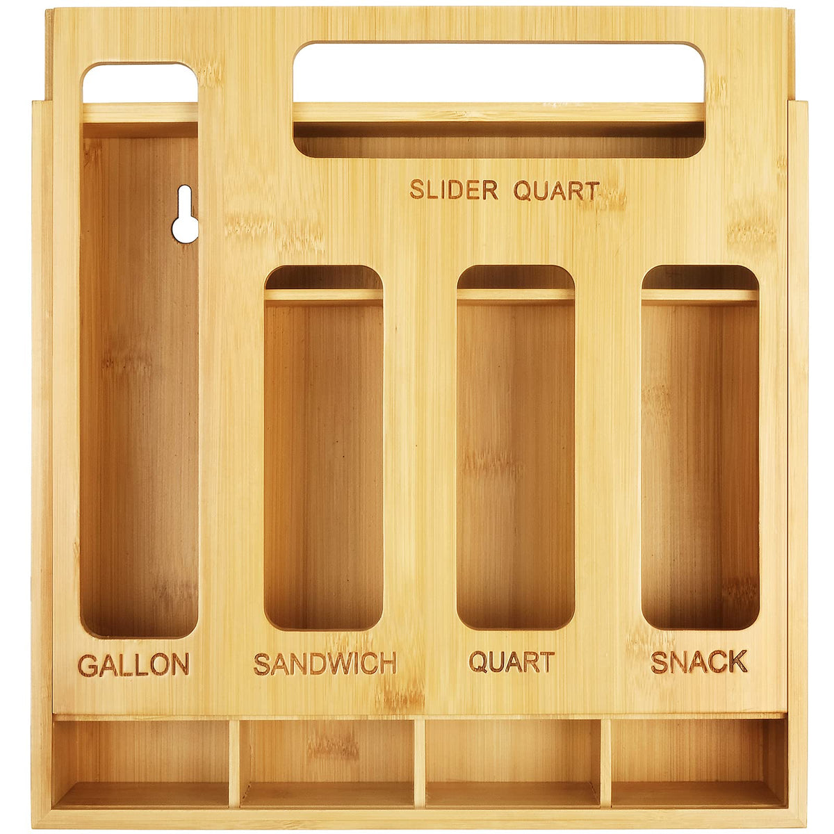 DUJEN bamboo bag organizer in a drawer keeps bags orderly and easy to reach.