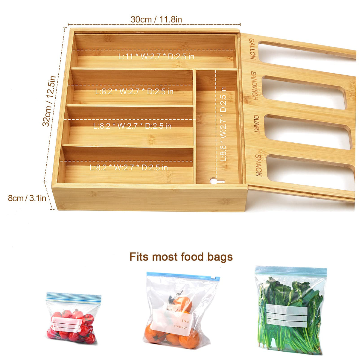 DUJEN slider bag organizer in a drawer stores gallon to snack bags neatly.