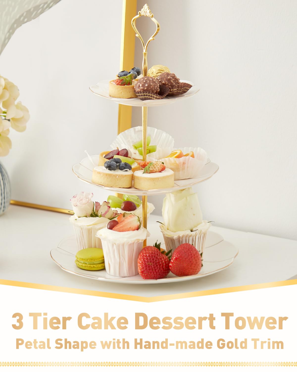 DUJUST 3-tier cupcake stand side view, elegant display for tea parties.