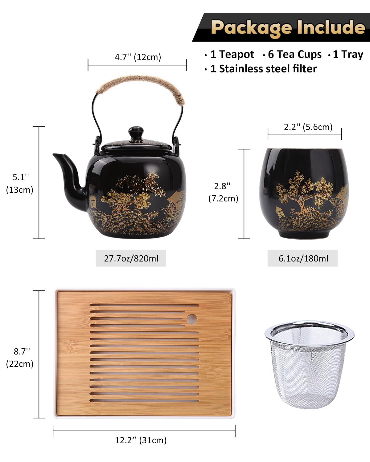 DUJUST black porcelain tea set with countryside motif for refined gatherings