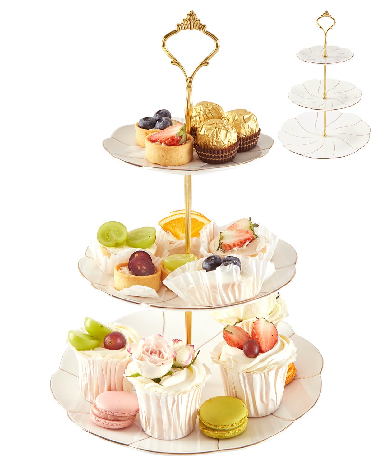 DUJUST luxury porcelain 3-tier stand top view, ideal for showcasing desserts.