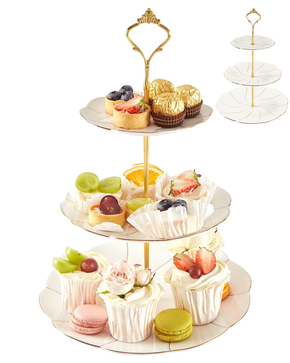 DUJUST luxury porcelain 3-tier stand top view, ideal for showcasing desserts.