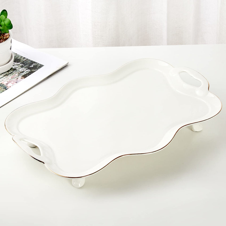 DUJUST porcelain serving tray with golden rim, ideal for elegant tea service.