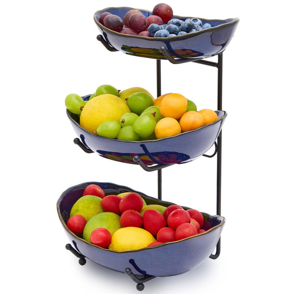 DUJUST three-tier fruit bowl with dark blue glaze enhances table style and organization.