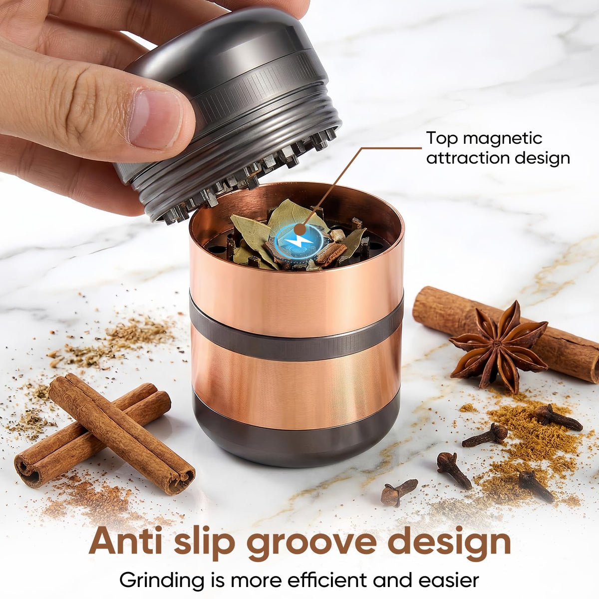 Dumbpec handheld spice grinder in use with dry spices for easy season prep
