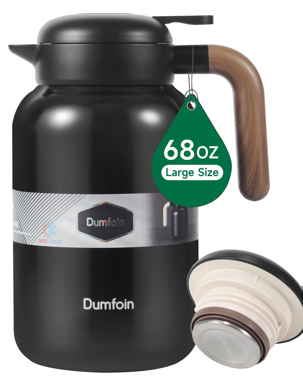 Dumfoin 68oz thermal carafe with matte black finish keeps coffee hot for hours, ideal for offices.