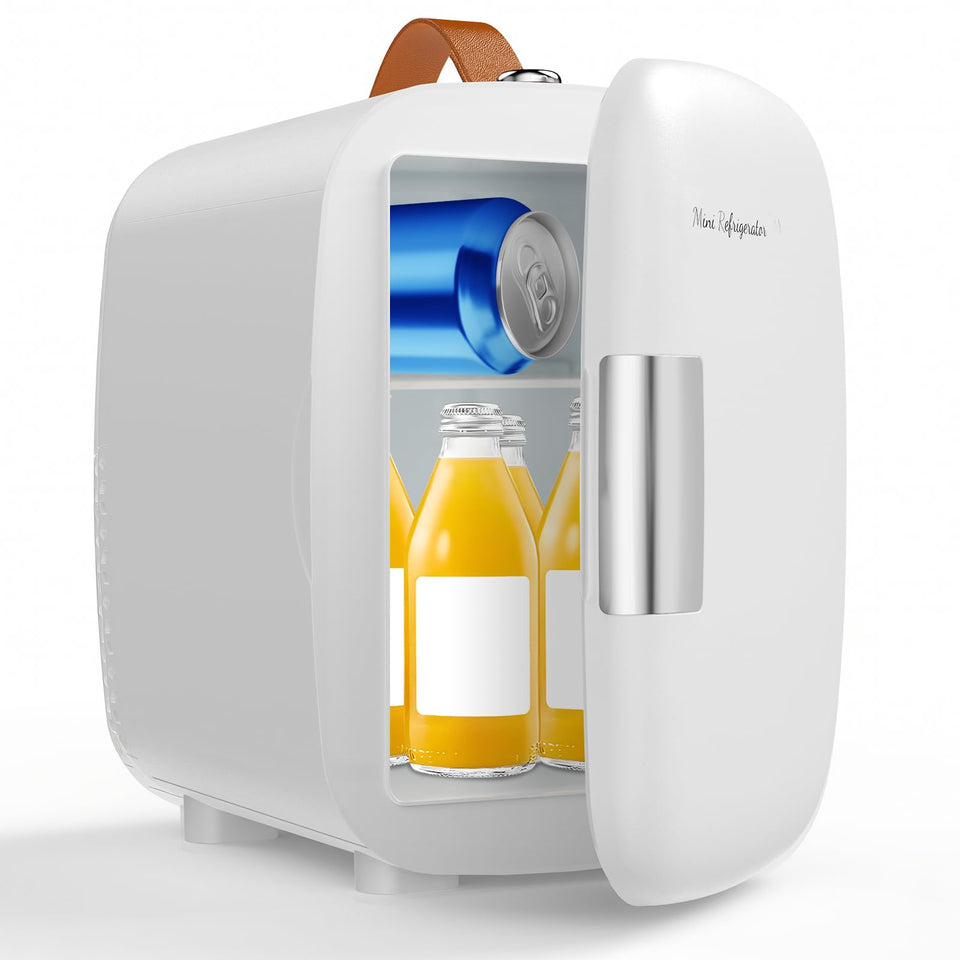 DUMOS 4L mini fridge in bedroom keeps skincare and drinks cool on demand.