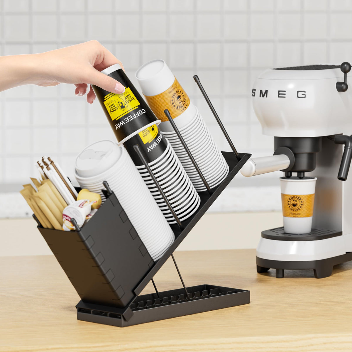 Dunatou countertop beverage station beside espresso machine