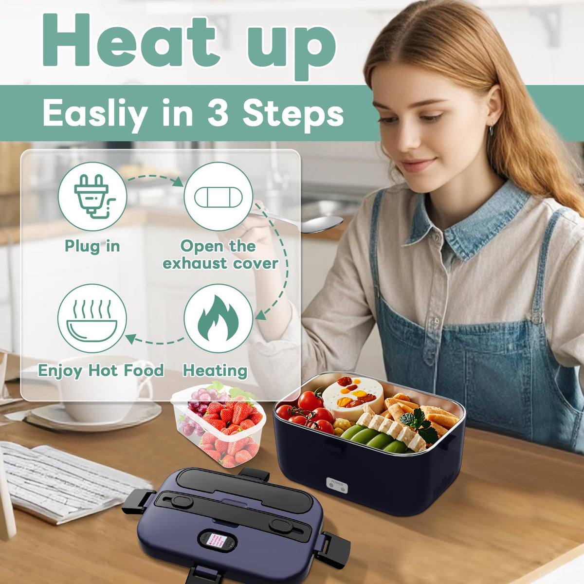 DUPASU salad compartment 0.45L keeps salads fresh; not heated to protect ingredients.