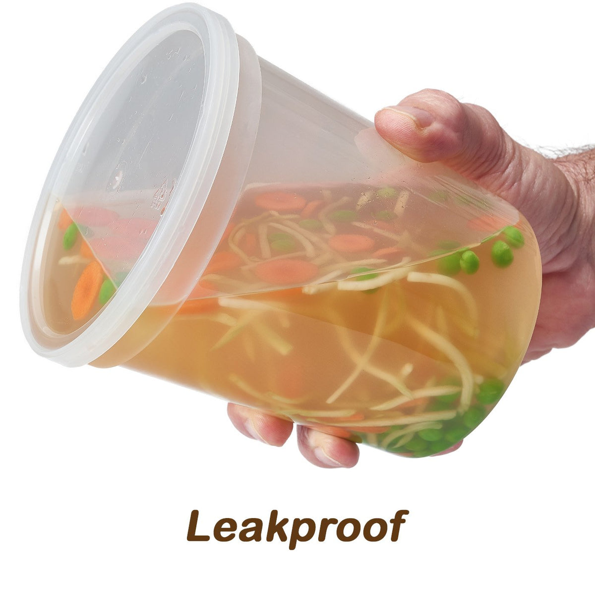 DuraHome 32oz deli containers stack neatly for space-saving kitchen storage.