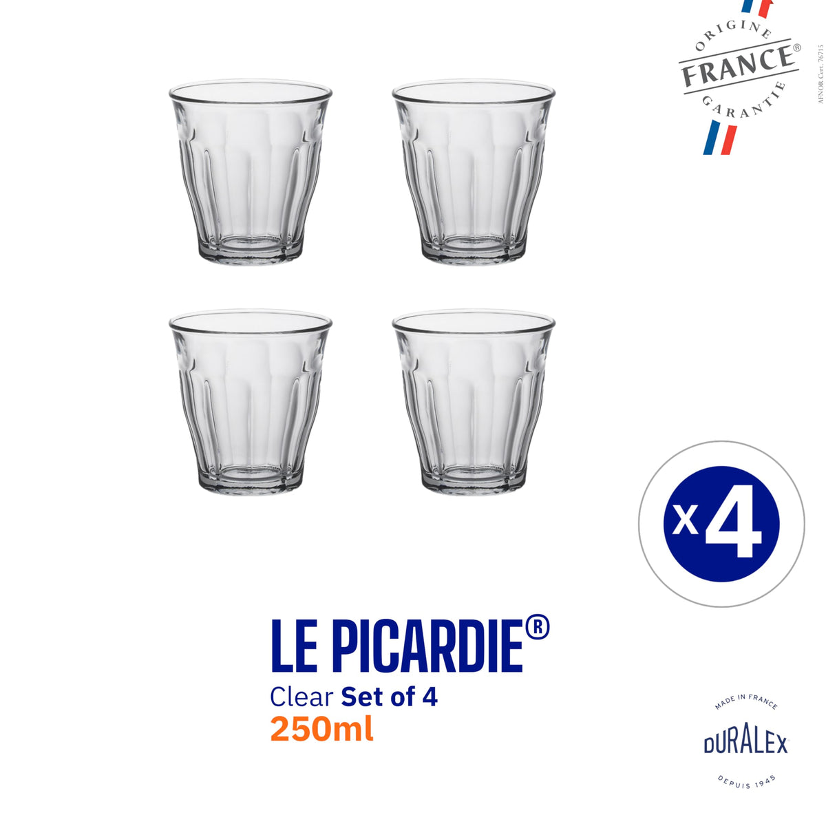 Duralex Picardie 1027AC04 close-up shows tempered glass clarity for everyday use