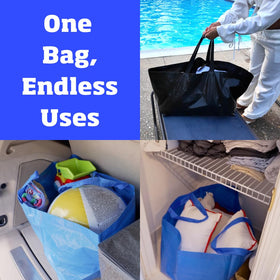 DURASACK blue side-loading image highlights 18-gallon capacity for groceries and gear.