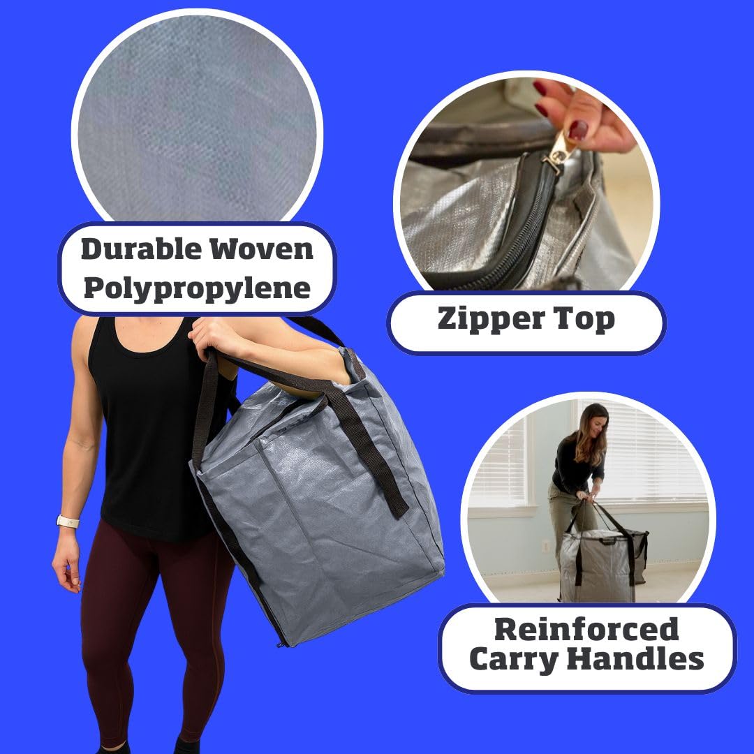 DURASACK self-standing tote with zipper top shown in use.