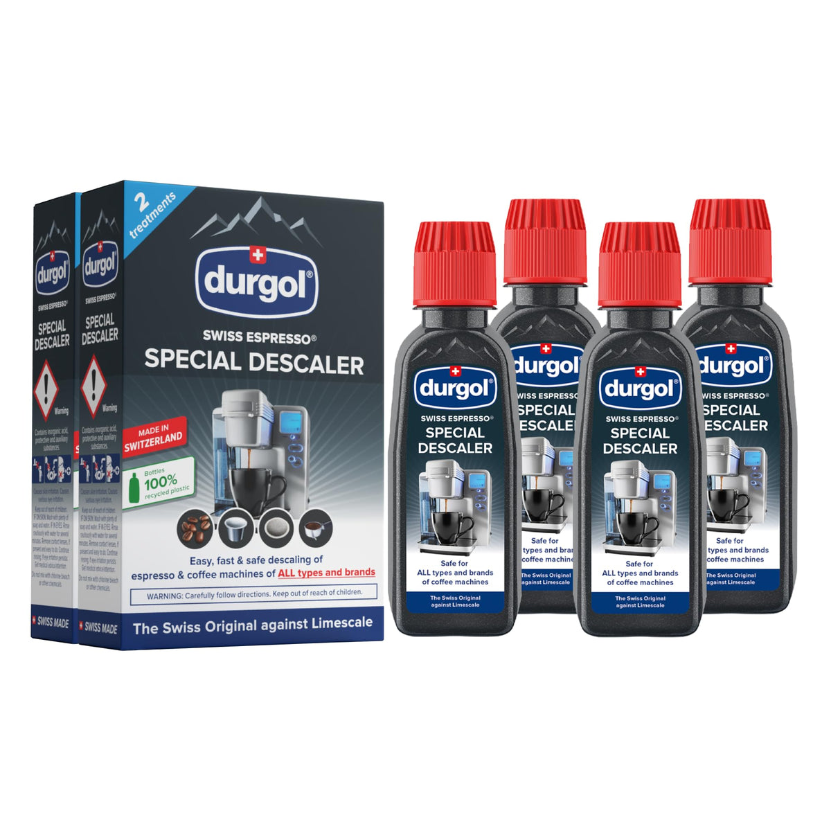Durgol Swiss Espresso descaler bottle pouring to remove limescale buildup.