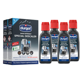 Durgol Swiss Espresso descaler bottle pouring to remove limescale buildup.