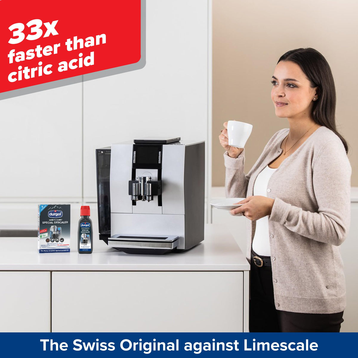 Swiss-made Durgol descaler highlighting easy application process.