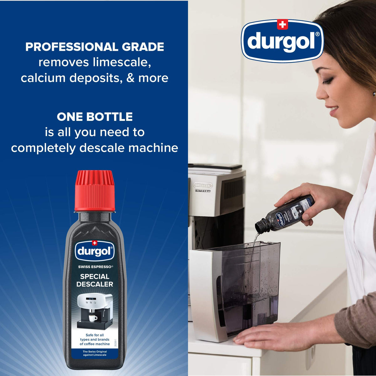 Durgol Swiss Espresso bottle pouring to treat an espresso machine