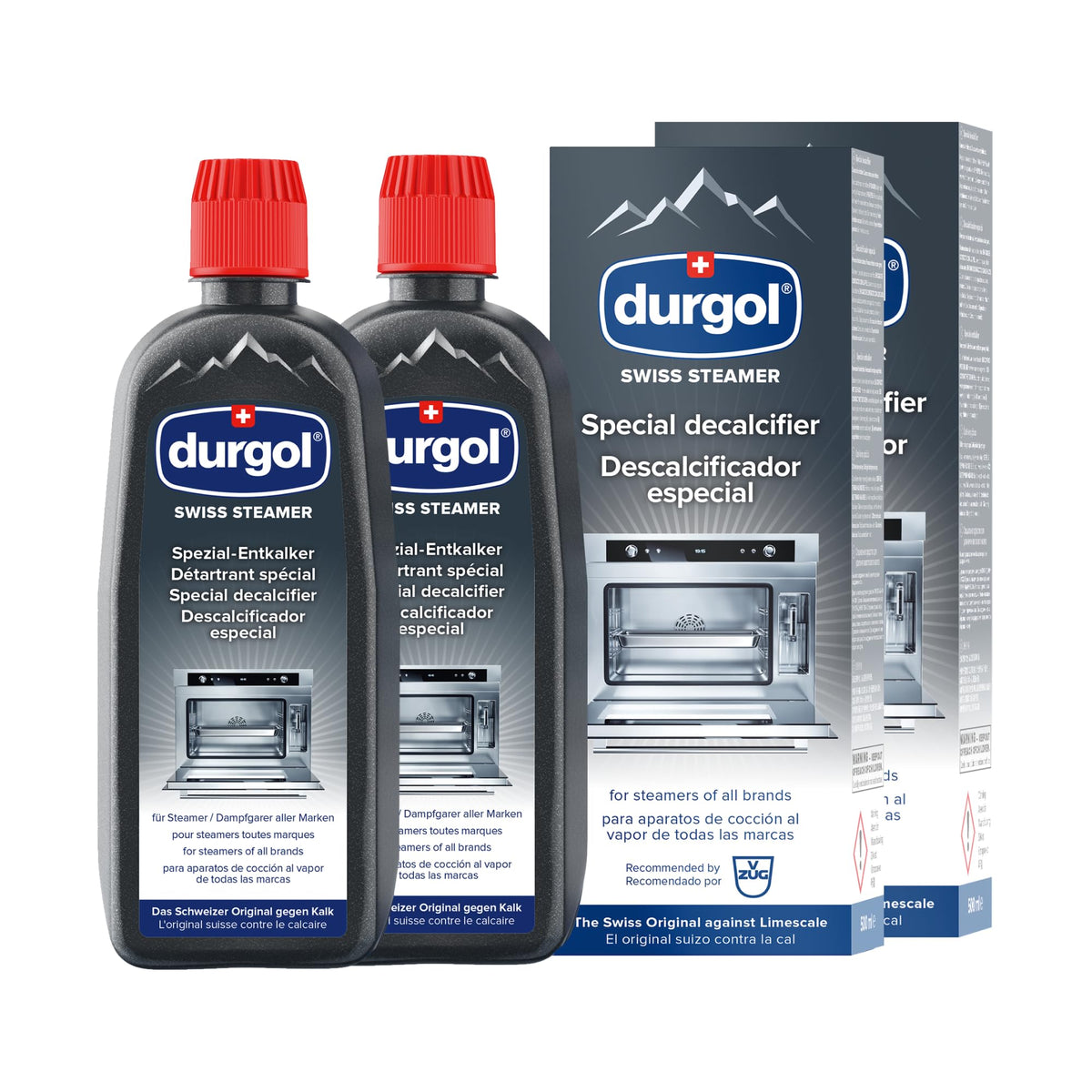Durgol Swiss Steamer bottle front shows professional descaling power for steam ovens.