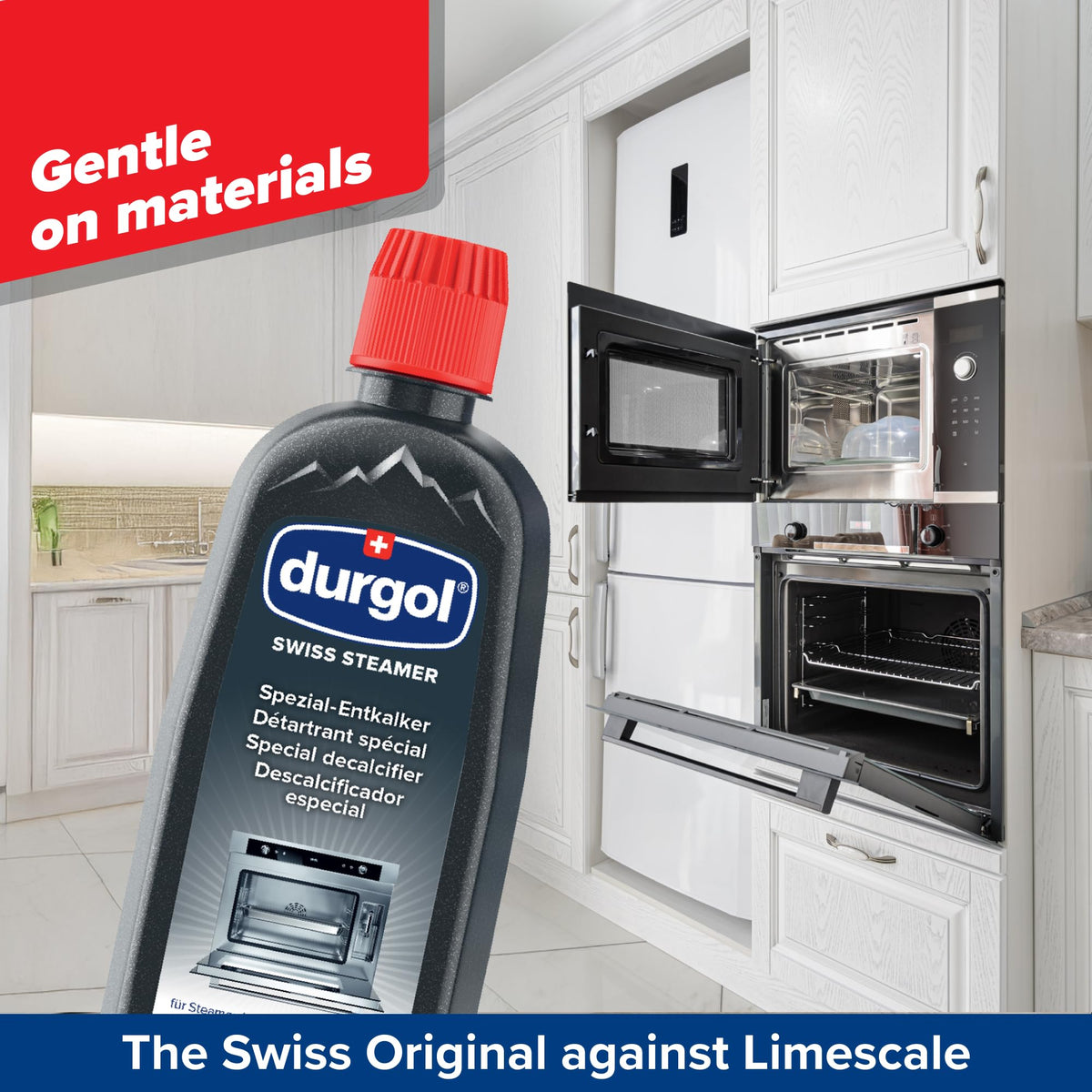 Durgol Swiss Steamer dual bottle pack highlights convenient descaling solution.