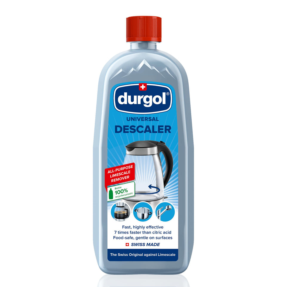 Durgol Universal bottle front shows a descaler for tough lime scale in appliances.