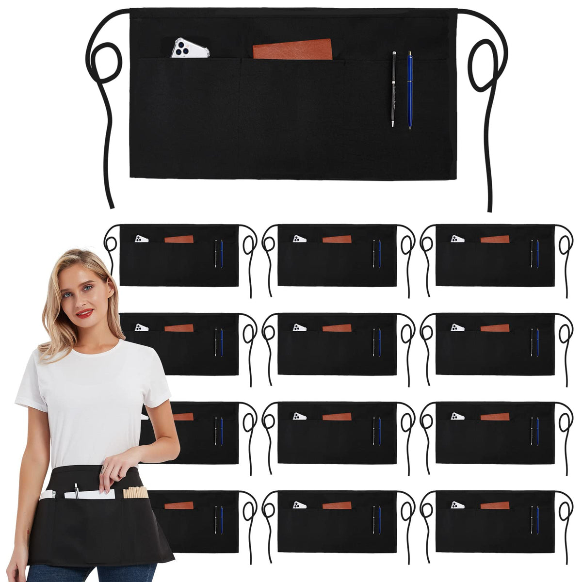 DUSKCOVE 12-pack server aprons in water-resistant fabric for all-day service.