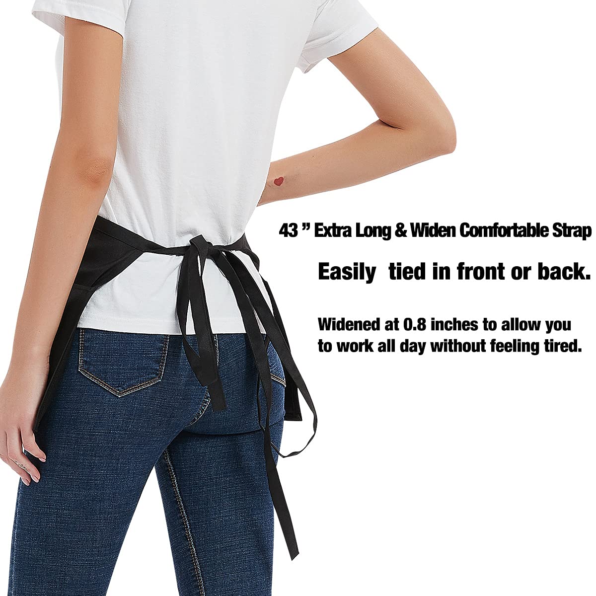 Long 43-inch ties can wrap from front or back for comfort.