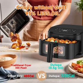 Dutepa Air Fryer 8-in-1 drawer open reveals roomy 4.5qt cavity.
