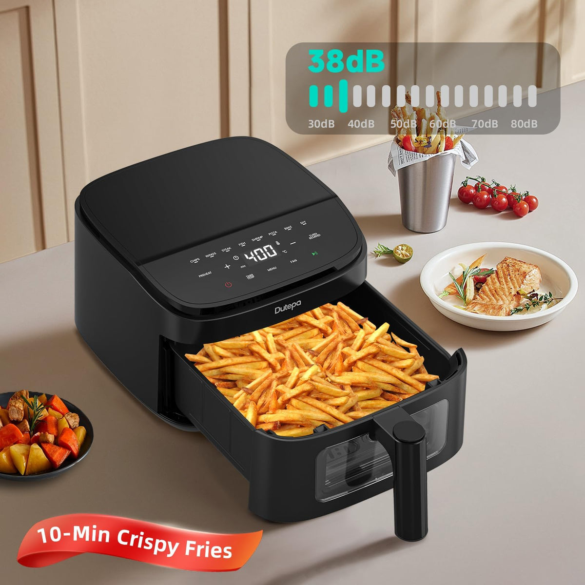 Dutepa Air Fryer 8-in-1 fits neatly under cabinets for clutter-free counters.
