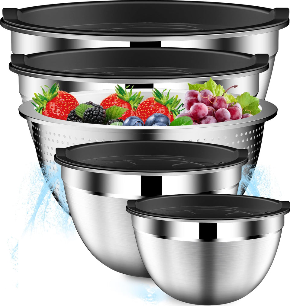 DUTZUN mixing bowls with lids set, sturdy stainless steel for long-lasting use.