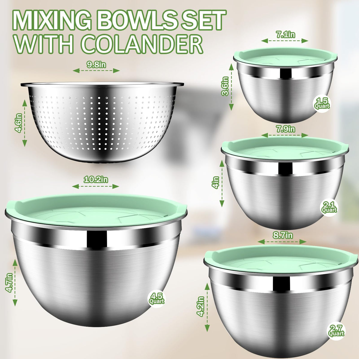 DUTZUN Pistachio mixing bowls with colander ready for draining pasta or vegetables.