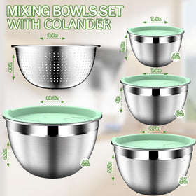DUTZUN Pistachio mixing bowls with colander ready for draining pasta or vegetables.