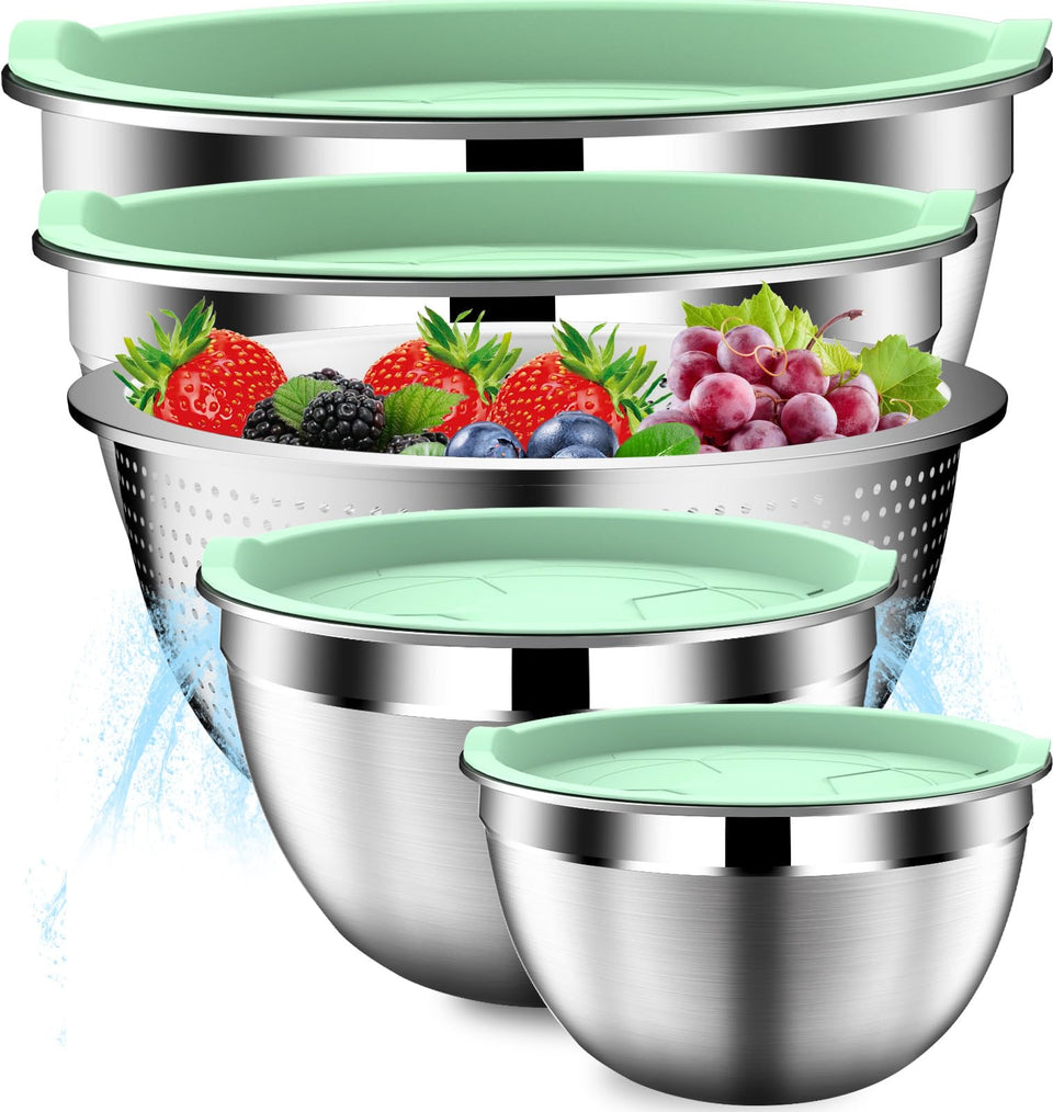DUTZUN Pistachio mixing bowls with lids and colander for easy washing and draining.