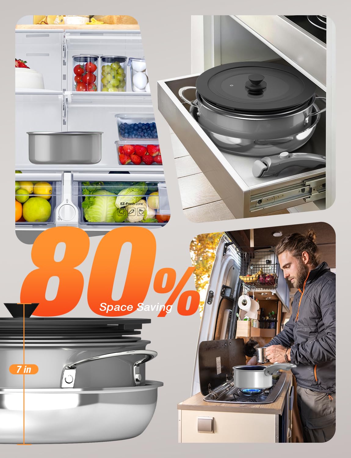 DUXANO space-saving stackable set helps tackle small kitchen and RV storage.