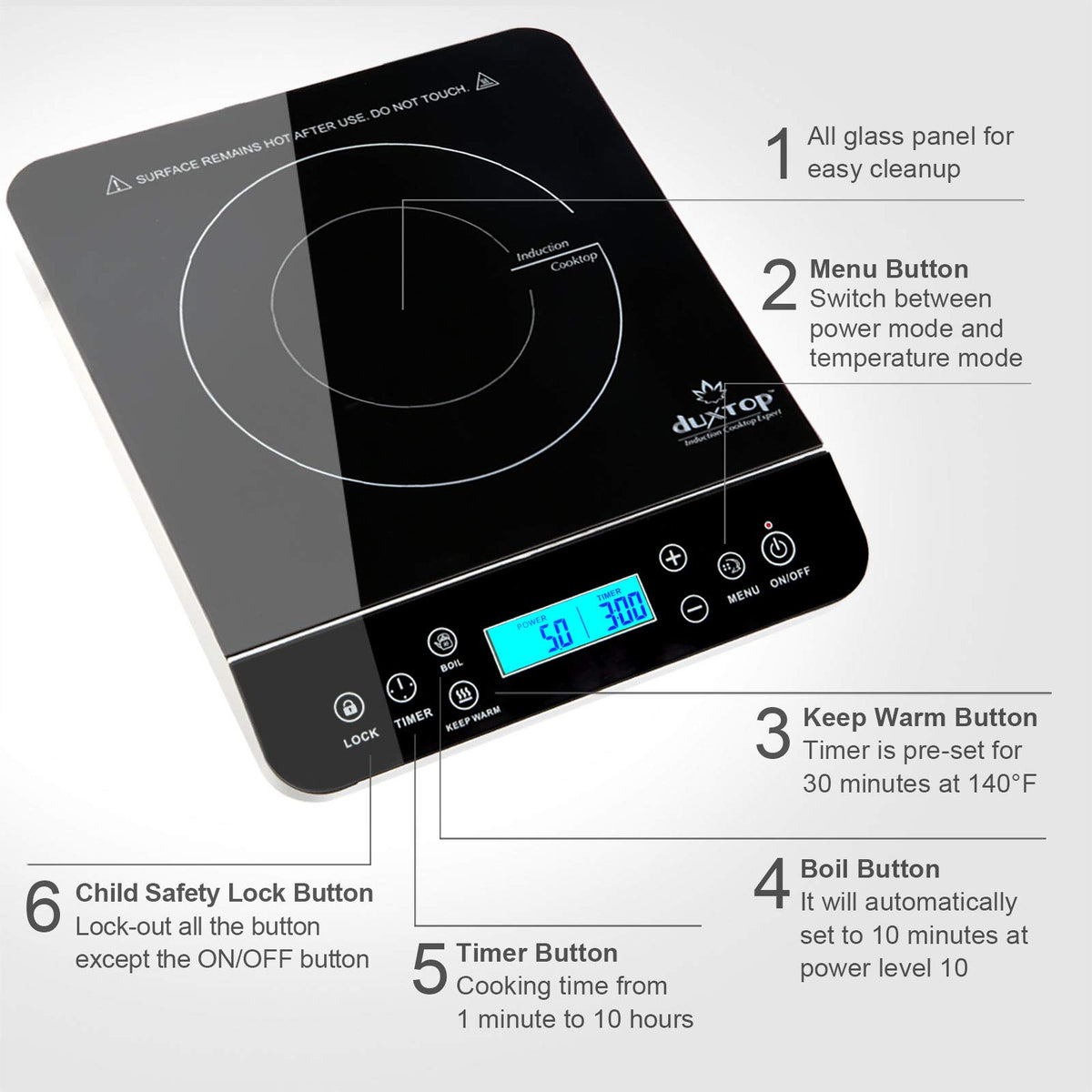 Duxtop unit showing 20 power levels enables precise heat management for various recipes.