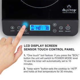 Duxtop countdown timer helps manage cooking time accurately.